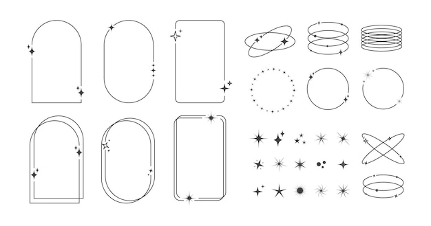 Modern minimalist aesthetic line elements set Linear geometric frames and forms with stars
