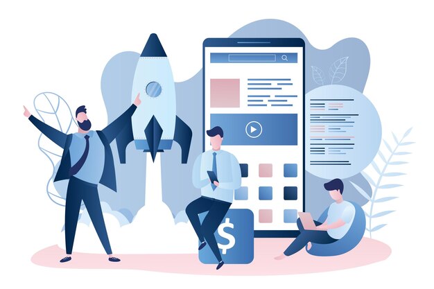 Modern mobile startup businessmen and male programmer application development spaceship takeoff