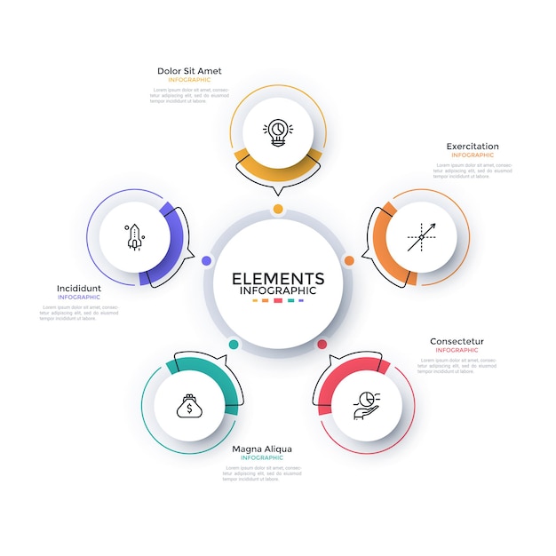 Modern scheme with 5 paper white round elements with arrows pointing at main circle. Concept of five features of startup project. Flat infographic design template. Minimal vector illustration.