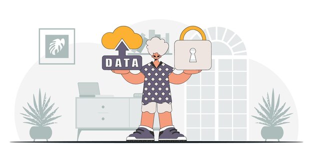 Modern vector character style of a man with a padlock and cloud storage.