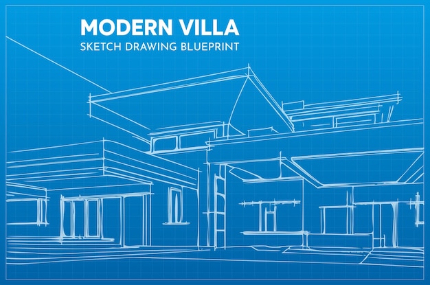 Modern Villa outline sketch blueprint draft drawing vector art on blueprint background