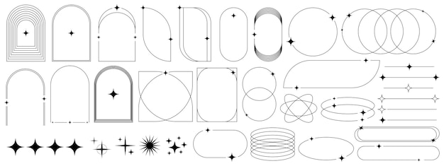 Moderne minimalistiske estetiske lineære rammer Retro stjerner stjerneeksplosjonsikoner og minimalistiske rammer og kanter med blinkende stjerne Vektor trendy ikoner og symbol EPS 10