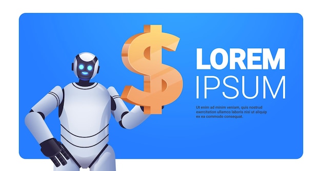 Moderne robot som holder dollarikon, sparer penger og får fortjeneste, høy inntekt, investering, inntjening, økonomisk vekst, kunstig intelligens