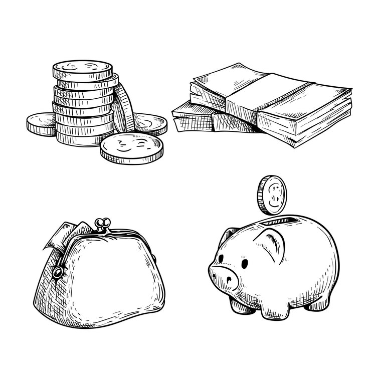 Vektor money and finance sketch set. stack of coins, wad of cash, vintage wallet and piggy bank with coin. hand drawn   illustration