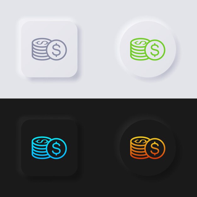 money coins icon set, multicolor neumorphism button soft ui design for web design.
