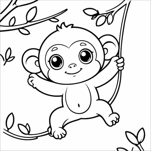 Monkey Swinging from Branches Vector Coloring page for Kids