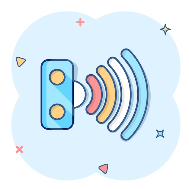motion sensor icon in comic style sensor waves vector cartoon illustration pictogram security connection business concept splash effect