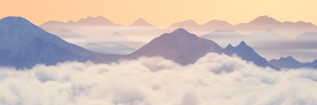 Mountains above the clouds panoramic view of the ridges in the morning light