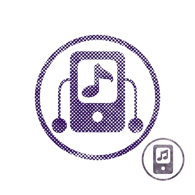 Mp3 player icon with halftone dots print texture. Macro newspaper style vector symbol. 2 versions set.