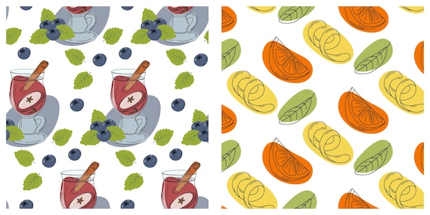 mulled wine glass mug on stem cinnamon stick berry mint lemon slice citrus rind seamless pattern set