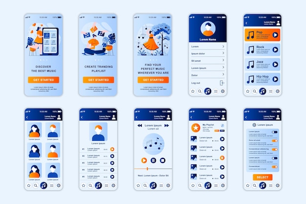 Music concept screens set for mobile app template UI UX GUI user interface kit