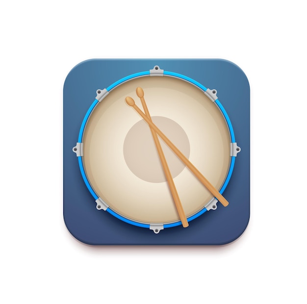 musical drum kit app vector 3d icon of snare drum with sticks. isolated square button of mobile or web application interface, ui or gui with top view of percussion music instrument and drumsticks