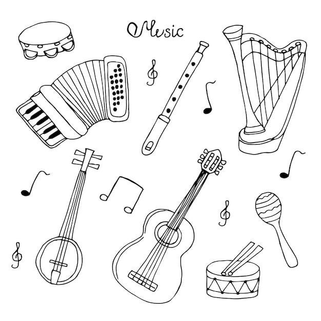 Musical instruments set hand drawing vector illustration doodle