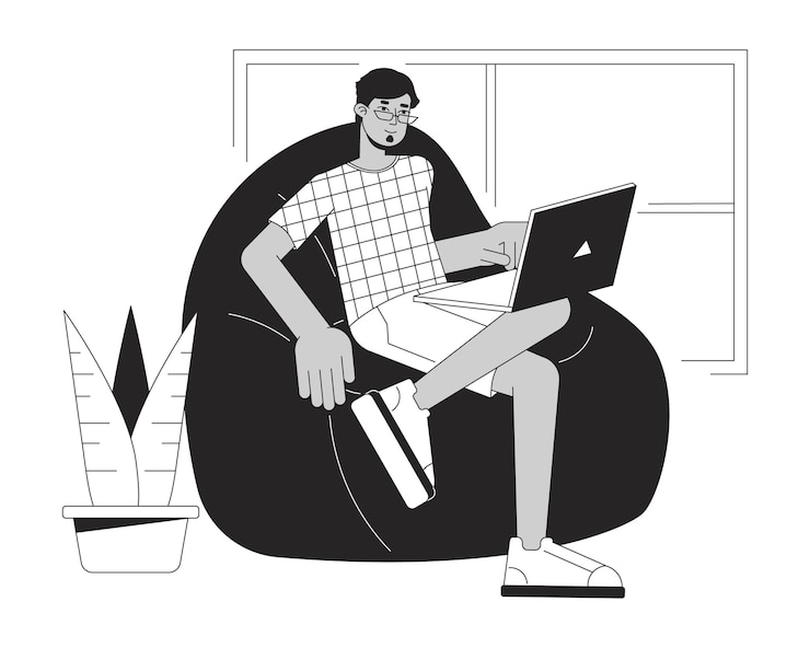 Vektor muslim freelancer working at home bw concept vector spot illustration remote work 2d cartoon flat line monochromatic character for web ui design editable isolated outline hero image