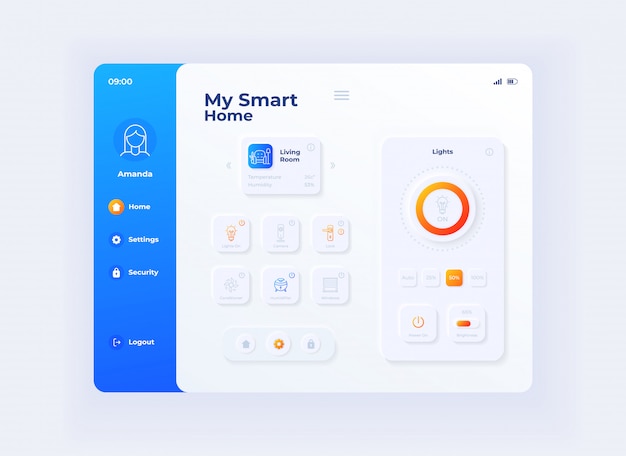 my smart home tablet interface template. mobile app page day mode design layout. iot devices management screen. flat ui for application. house automation settings on portable device display.