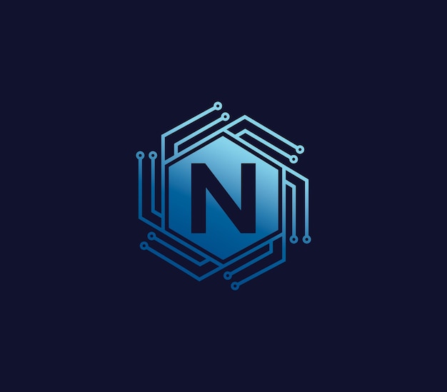 N Alphabet technology logo design concept