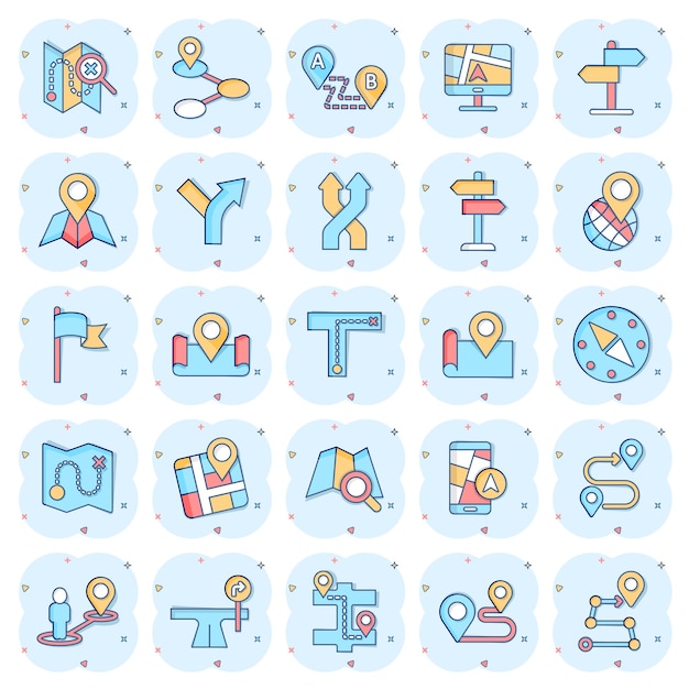 Navigation icon set in comic style Gps direction cartoon vector illustration on white isolated background Locate pin position splash effect business concept