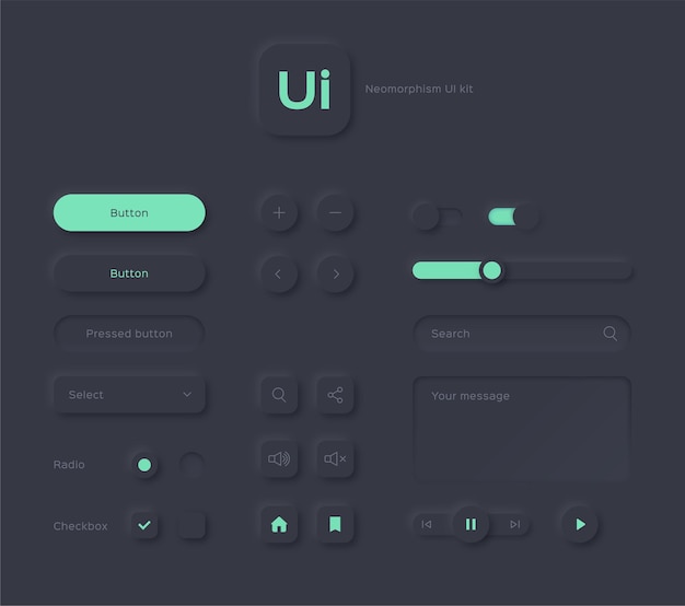 Neomorphic UI kit svart neomorfisme stildesignelementer