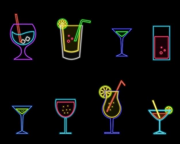 Neon cocktail drink icon Glowing neon sign of martini cocktail various models