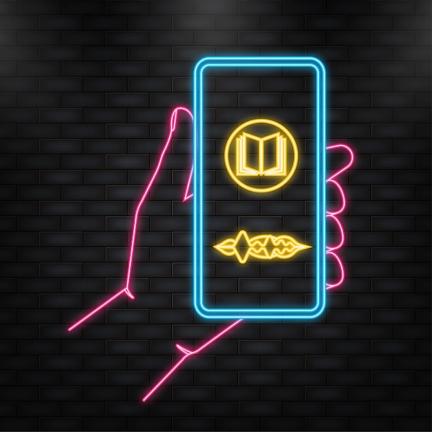 Neon Icon Hand holds phone with record podcast on screen on yellow background Vector illustration