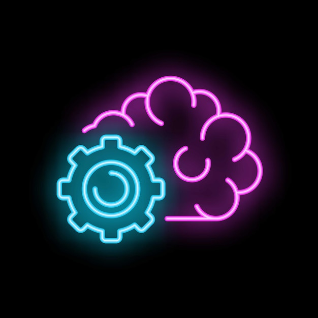 Neon icon of brain working with gear mechanism engaging