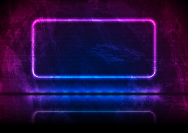 Neon rectangle frame on blue violet grunge background Old luminous wall concrete texture Vector glowing design