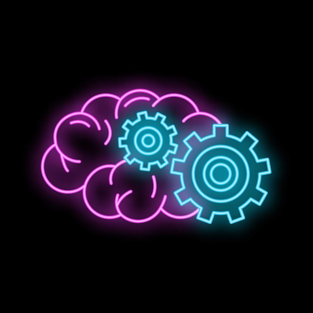 Neon style illustration of a brain with gears representing thinking process