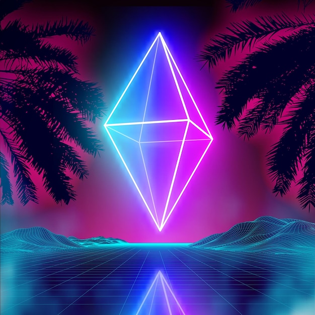 Neonrombe på retro bakgrunnslandskap Glødende rombekosmosplakat Neon lysboks kube