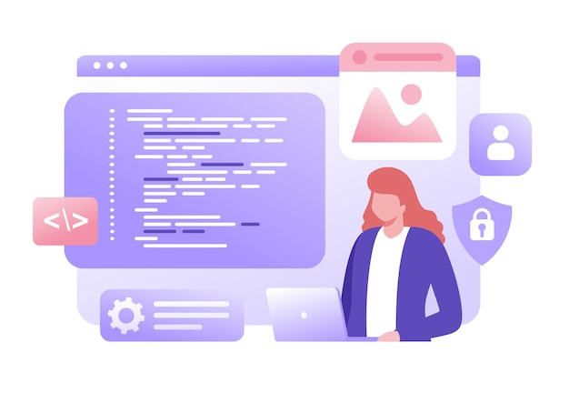Nettutvikling programmeringsspråk css html it ui programmerer tegneseriefigur som utvikler nettsidekoding flat vektorillustrasjonsbanner for nettsted