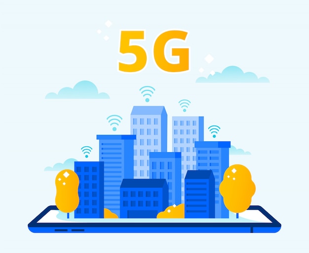 network 5g coverage. city wireless internet, fifth generation networks and high speed urban 5g connection vector illustration
