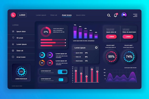 Neumorphic dashboard UI kit. Admin panel template with infographic elements, HUD diagram, info graphics. Website dashboard for UI and UX design web page. Neumorphism style.