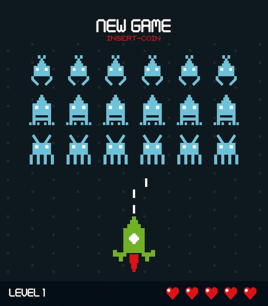 new game insert coin with graphics of spatial game level one