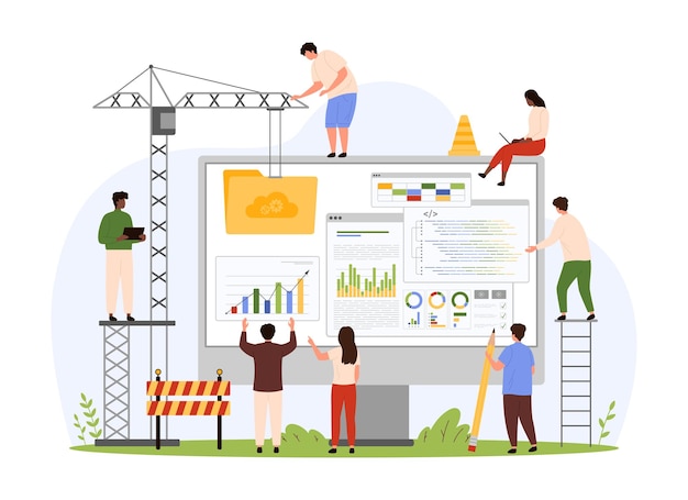 new website construction creation process tiny people build friendly user interface