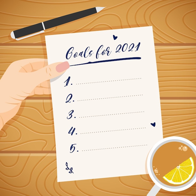 New year 2021 goals concept. Blank list of plans resolution in woman hand. to do list.