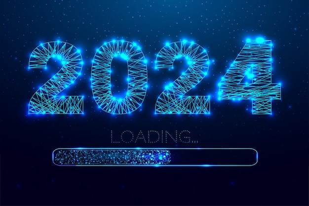 New year 2024 loading Loading bar Low poly style design Numbers from a polygonal wireframe mesh Abstract vector illustration on dark background