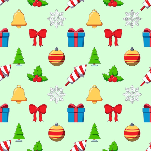 new year christmas holiday concept vivid vector seamless pattern of bell bow giftbox fireworks