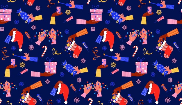 New Year seamless pattern Pattern with festive elements New Year's sock with gifts garland