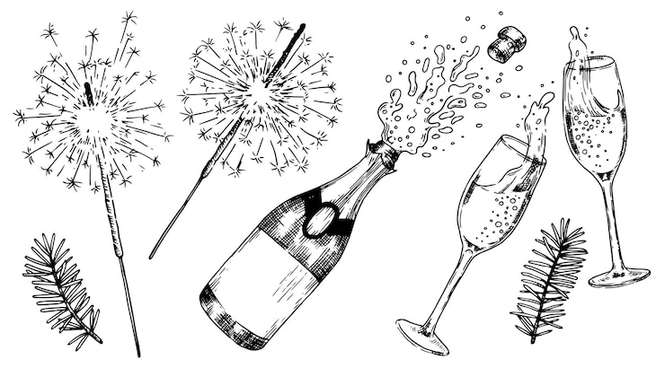 Vektor new years set with glasses of champagne and sparklers vector illustration in sketch style