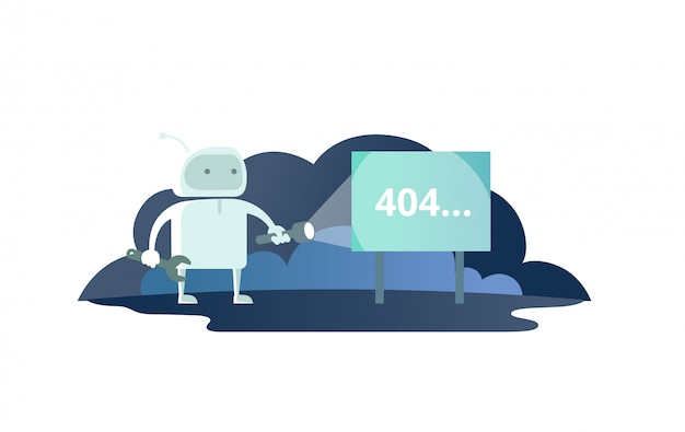 night robot with flashlight in space signboard 404 error. cute illustration for error page 404 not found
