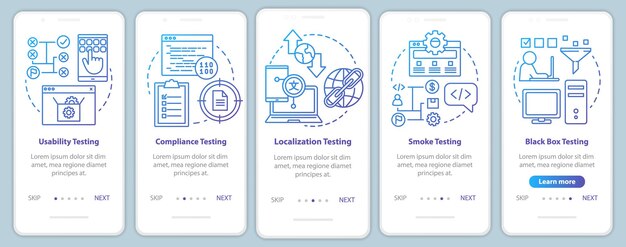 nonfunctional software testing onboarding mobile app page screen vector template