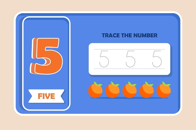 Number five tracing practice worksheet with five oranges Training write and count numbers concept Vector illustration