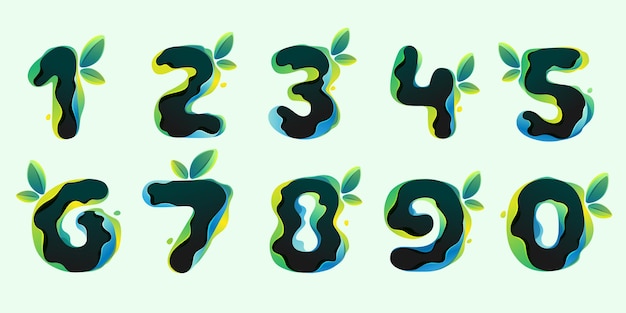 Numbers set eco icons with green leaves in hologram glitch style Environment friendly illustration