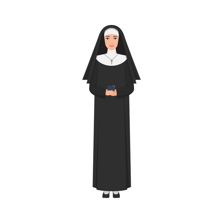 Nun standing with Bible book and smiling woman in black and white costume