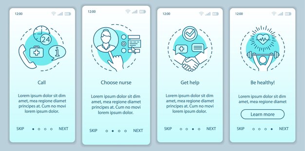 Nurse service onboarding mobile app page vector template. Home care assistance walkthrough website steps. Choosing practical caregiver, carer. In-home nursing. UX, UI, GUI smartphone interface concept