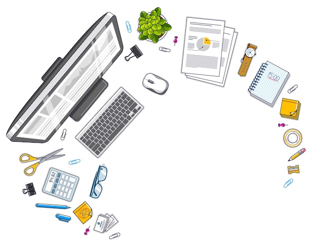 Office desk workspace top view with PC computer and diverse stationery objects for work with copy space for text. All elements are easy to use separately or recompose the illustration. Vector.