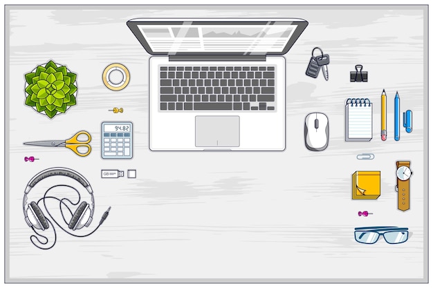 Office employee or entrepreneur work desk workplace with laptop computer and diverse stationery objects for work with copy space for text. All elements are easy to use separately. Vector.