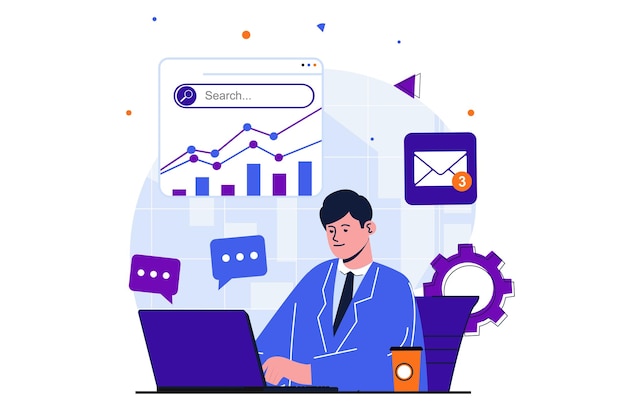 Office work modern flat concept for web banner design Male employee analyzes financial statistics
