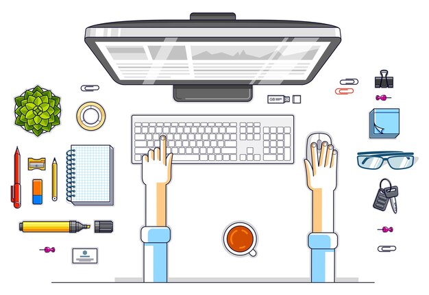 Office worker or entrepreneur working on a PC computer, top view of workspace desk with human hands and diverse stationery objects. All elements are easy to use separately. Vector illustration.