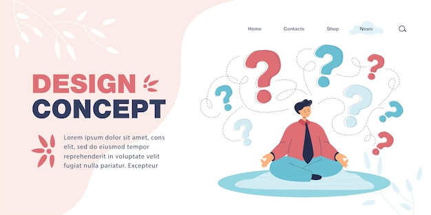 Office worker sitting in lotus position and question marks