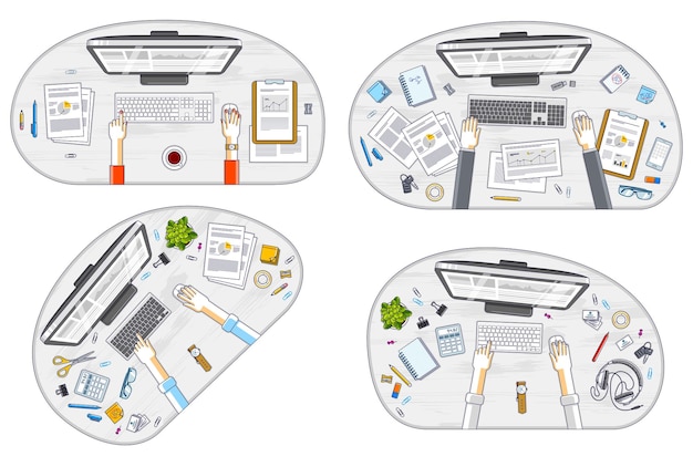 office workers or entrepreneurs working on a pc computers, top view of workspaces desks with human hands and diverse stationery objects. all elements are easy to use separately. vector set.